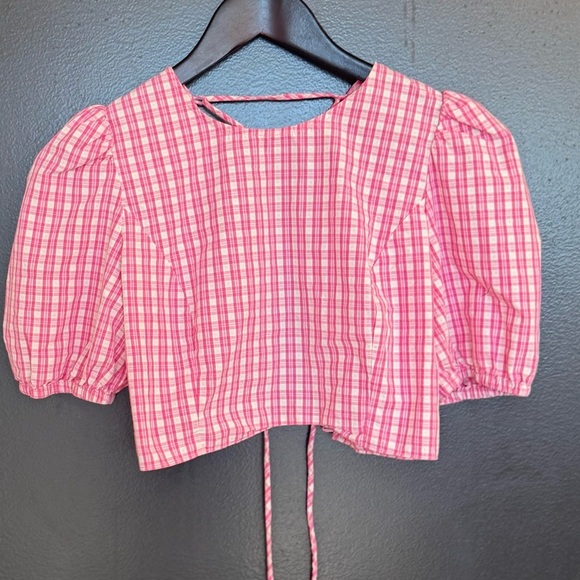 Sunday S EUC gingham Pink Plaid Puff Sleeve Top with lace up back (Aritzia) - Picture 12 of 12